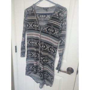 'About A Girl' Womens Long Open Hi-Lo Hem Cardigan. Aztec Print, Size M